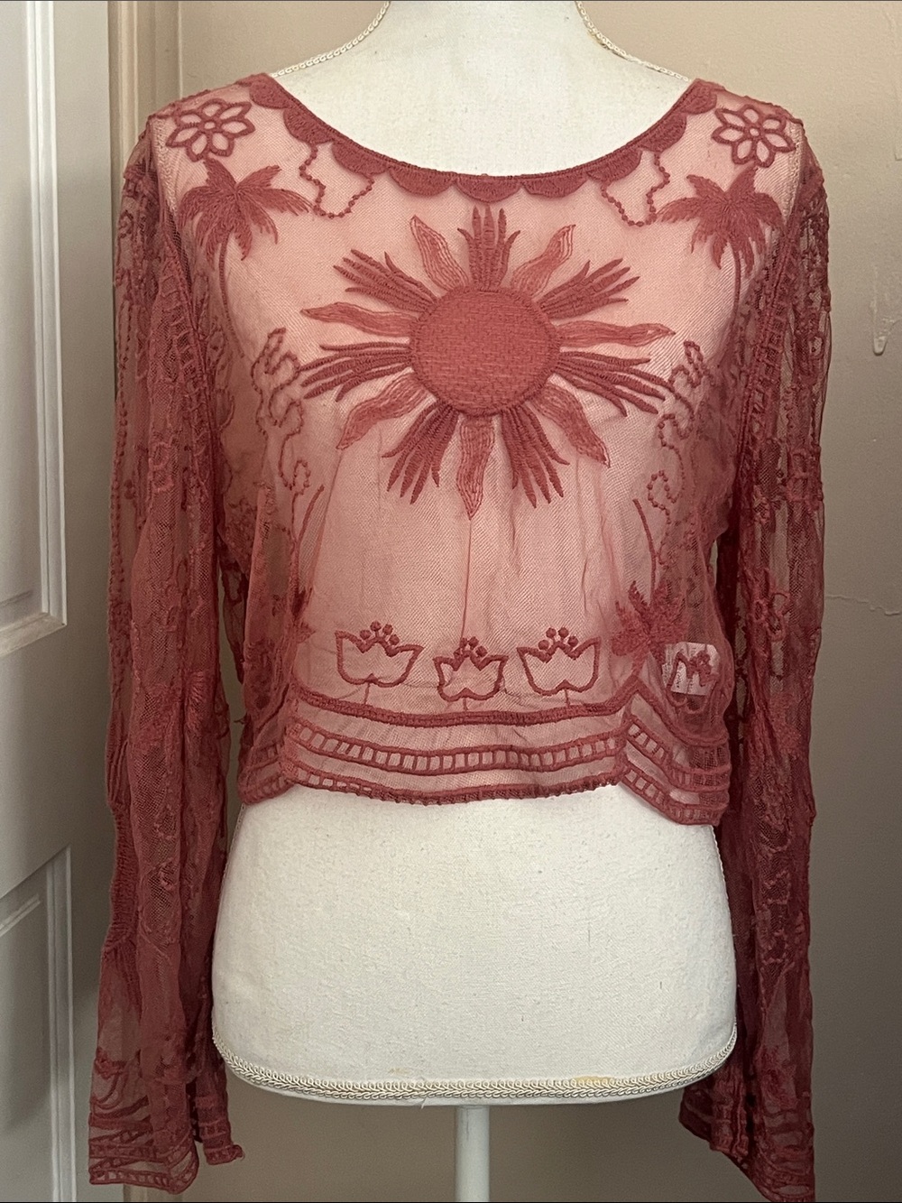 Sheer Embroidered Crop Top in Rose Dust